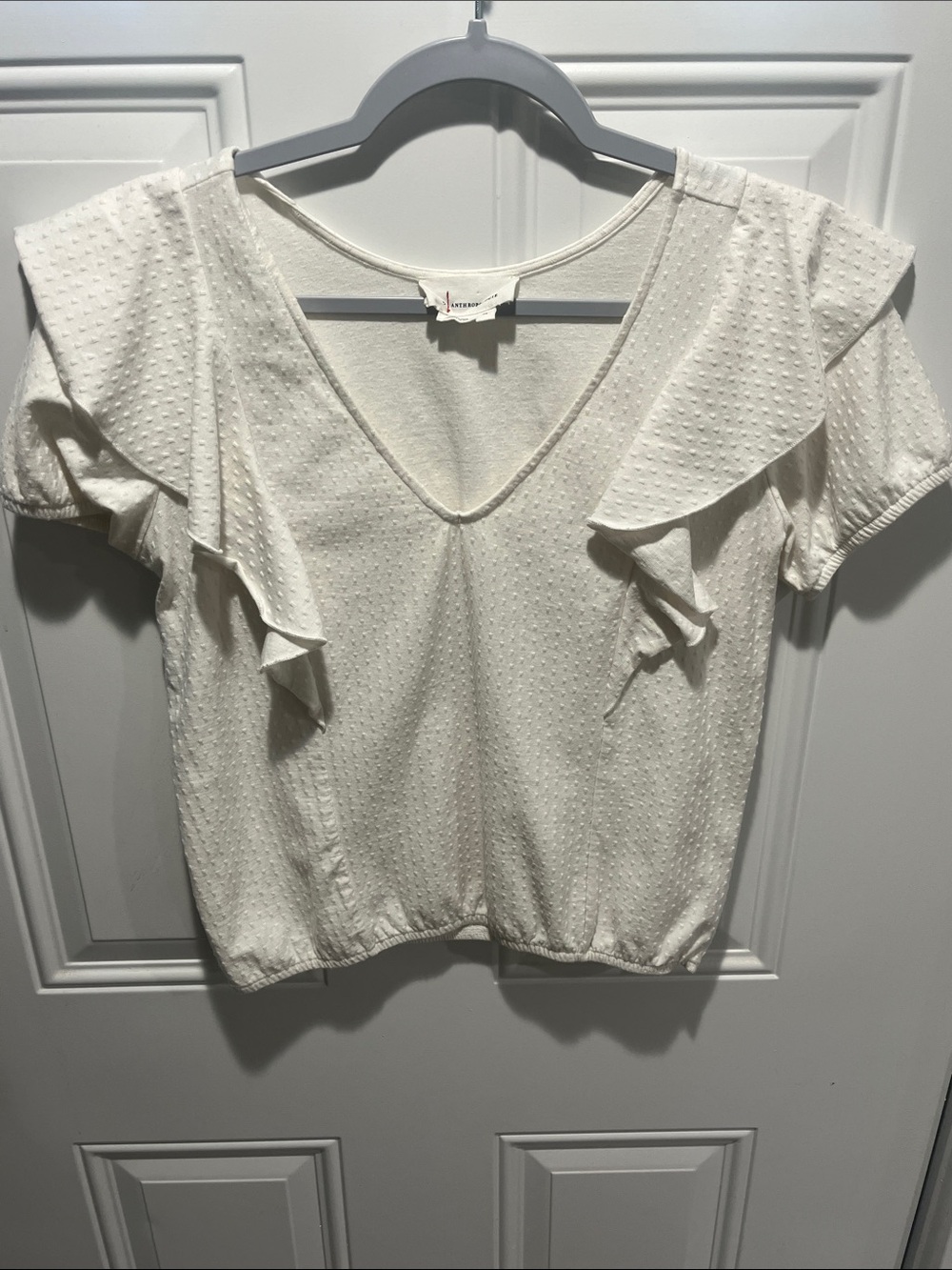 By Anthropologie White V-Neck Ruffle Swiss Dot Top Blouse - XS